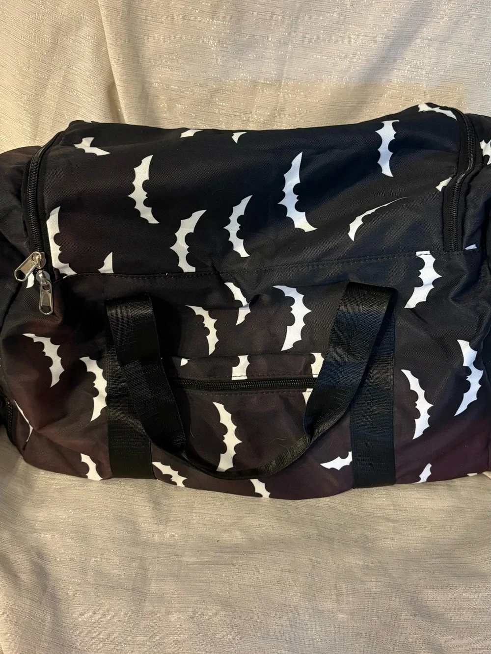 Black and White Bat-Print Travel Bag
